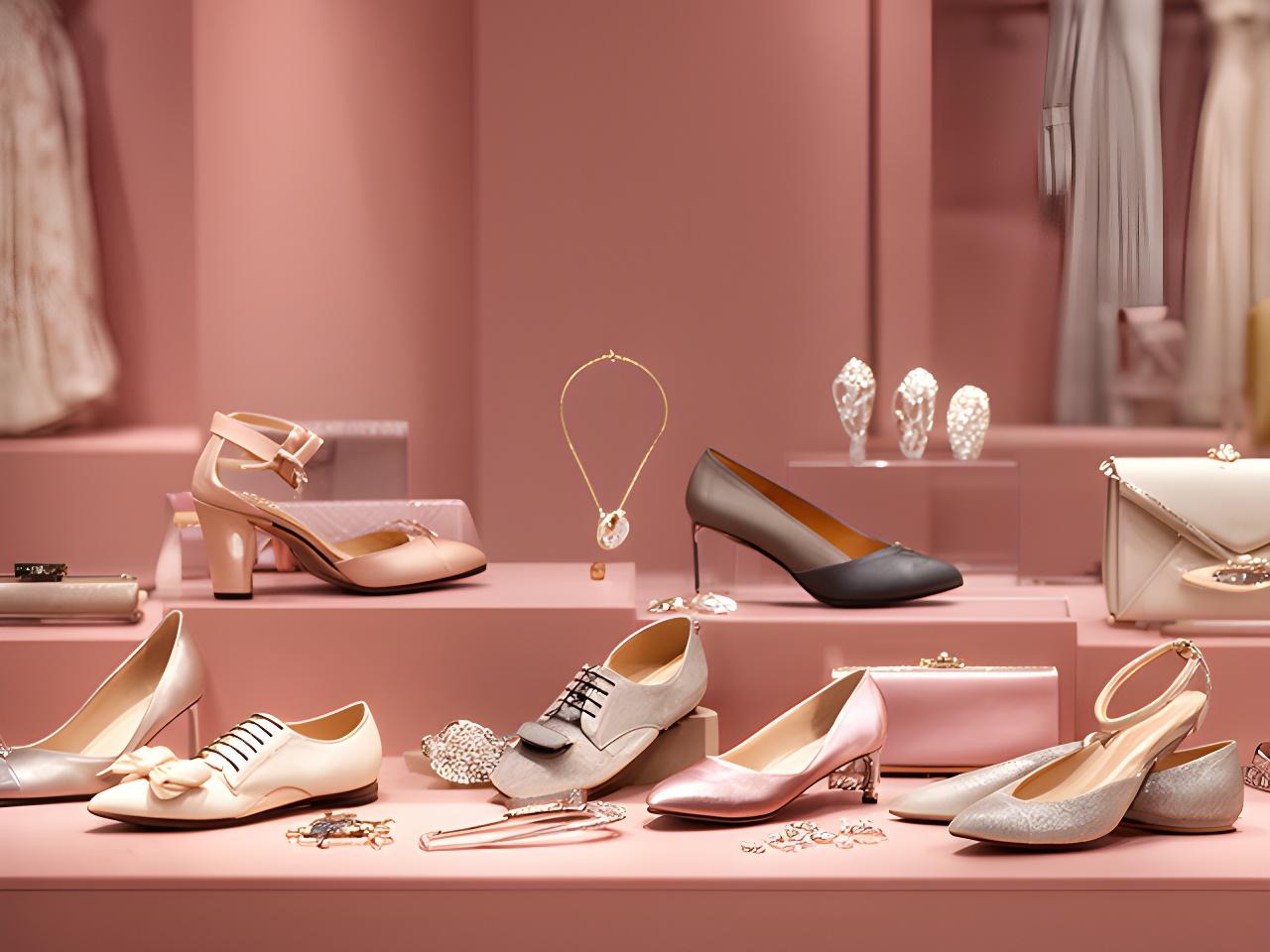 A display of formal shoes, jewellery and clutches in a softly lit London boutique
