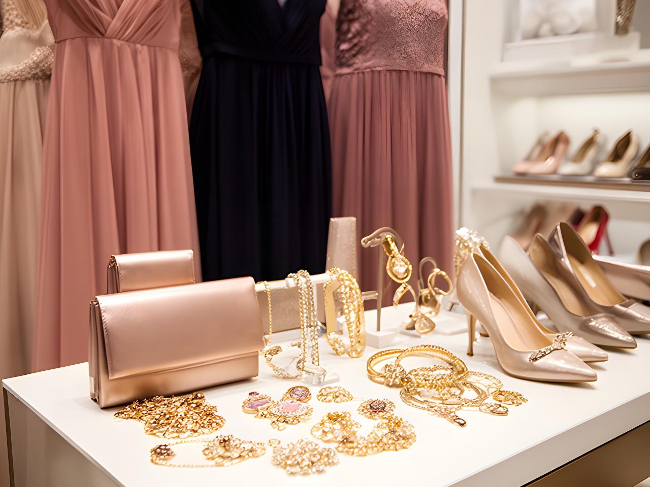 Clutches, jewellery, and shoes arranged beside formal dresses in a retail display