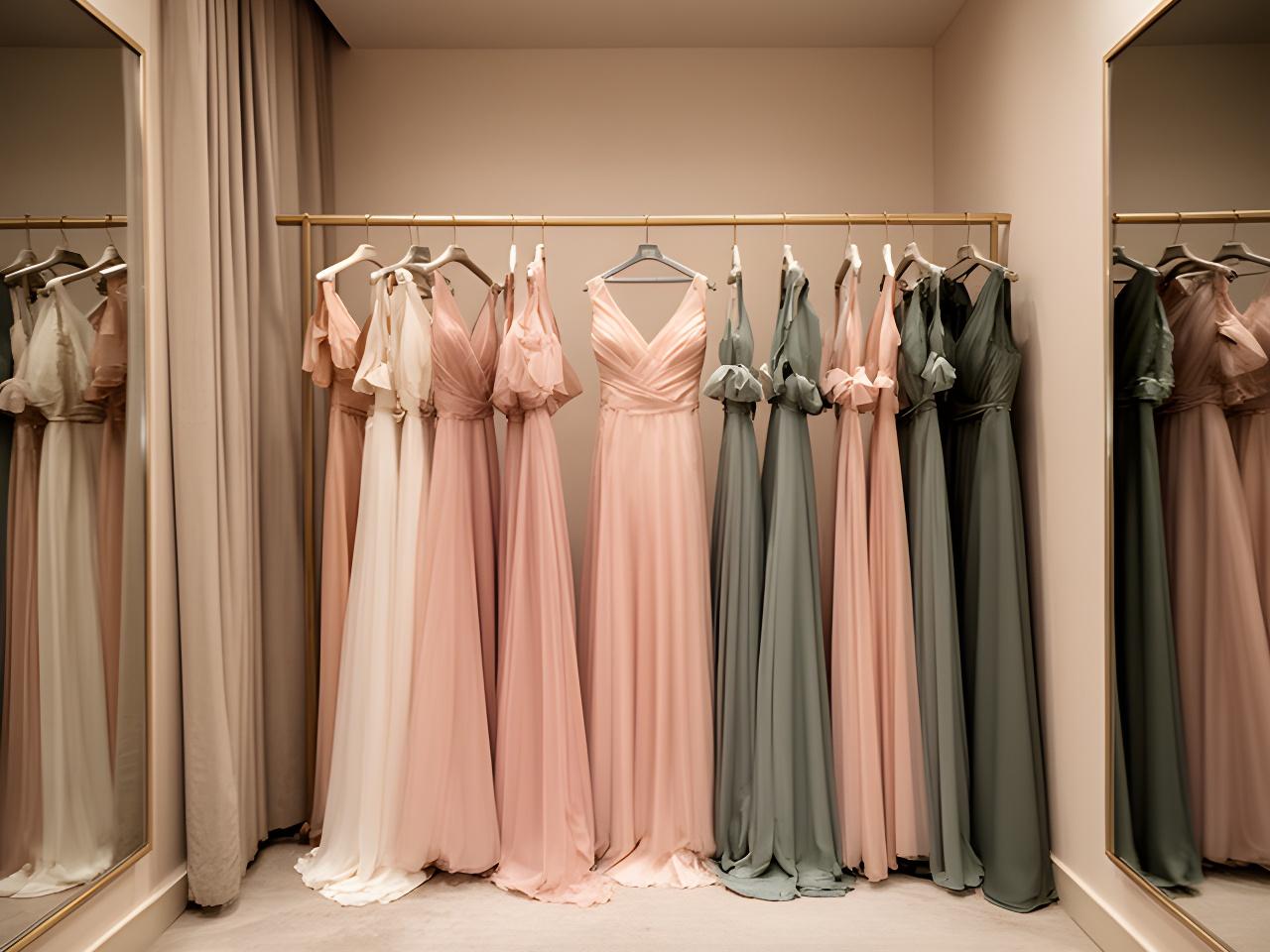 Formalwear rail with gowns and accessories in a calm boutique fitting room