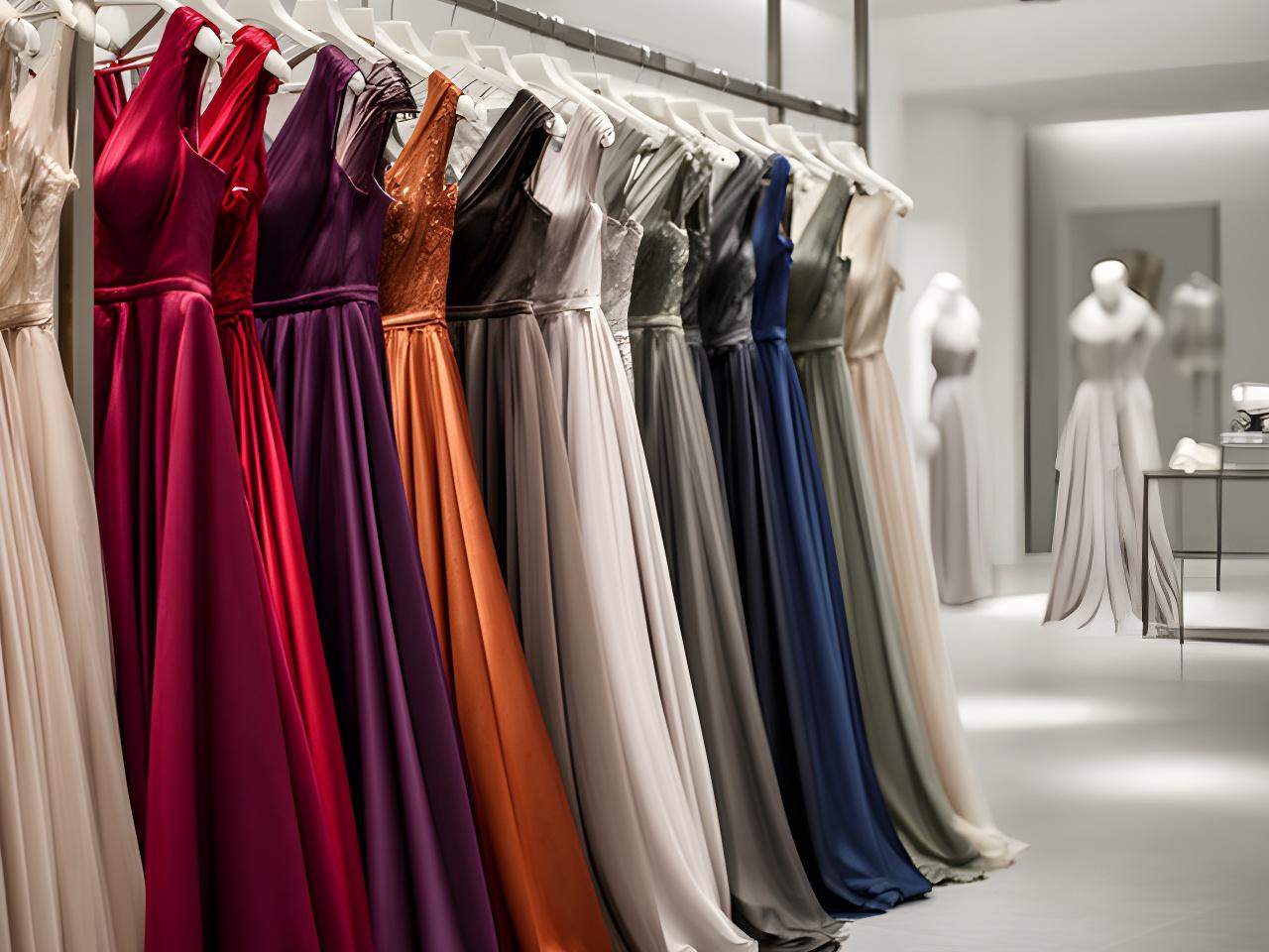Dress rail with formal gowns arranged by colour in a London showroom