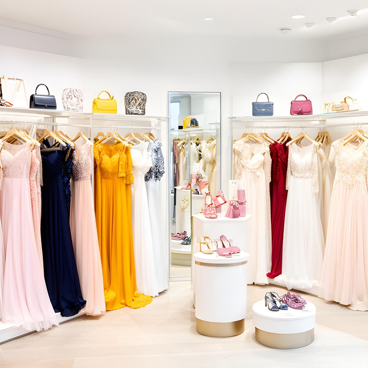 Formal dresses and matching accessories arranged inside a bright London boutique