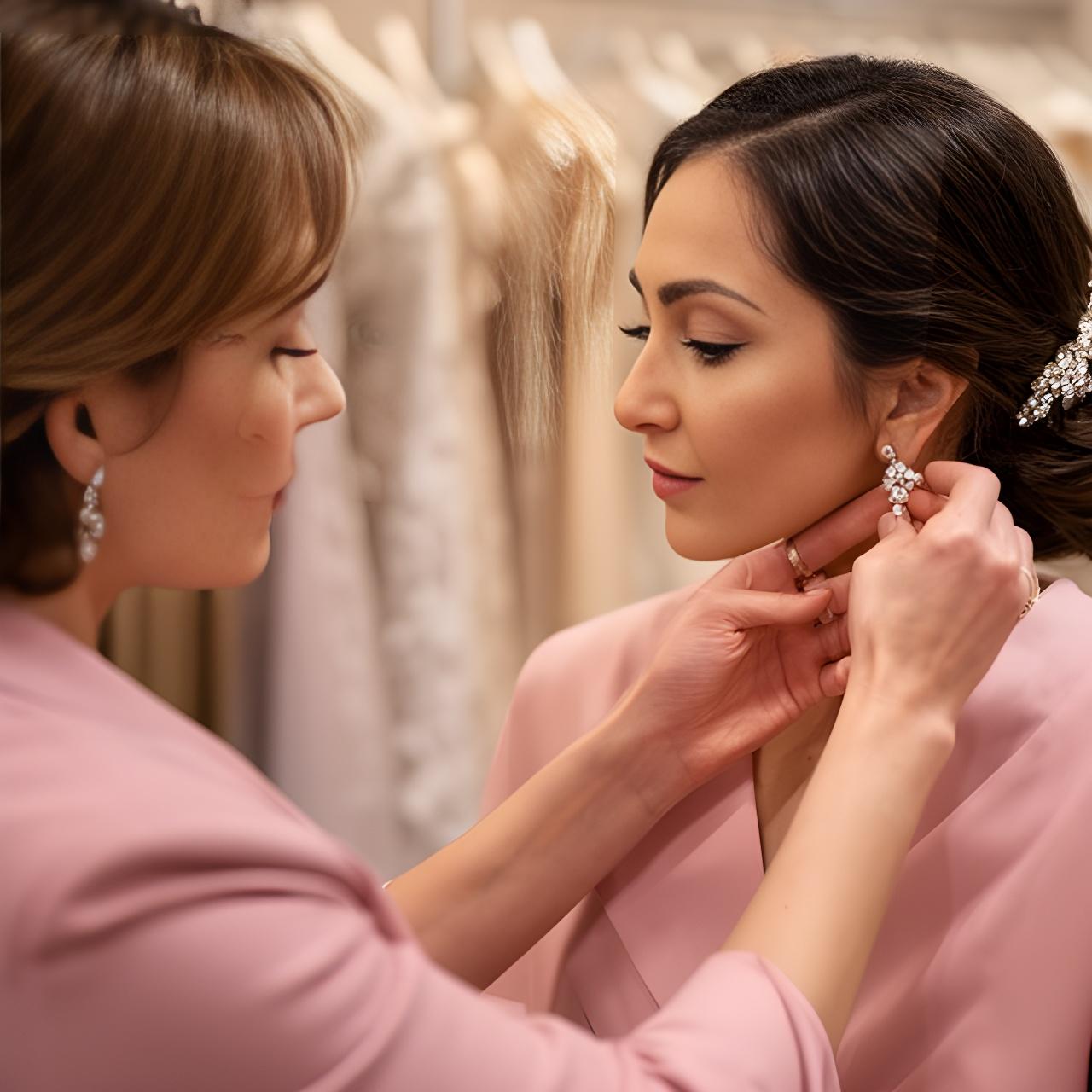 A consultant adjusting earrings and a hair accessory beside a customer during a fitting in a formal wear studio