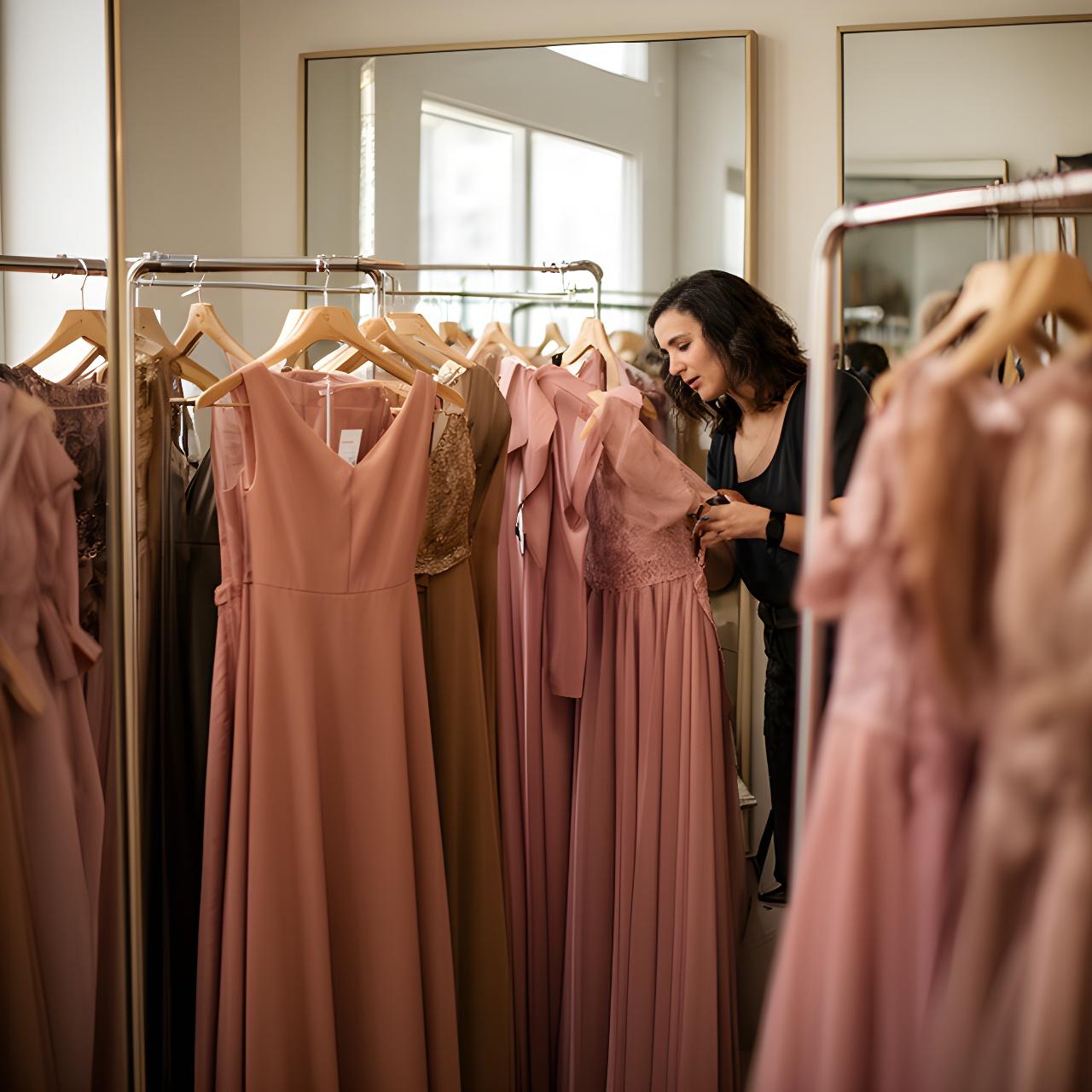 Stylist arranging formal dresses in a London studio with mirrors and garment rails