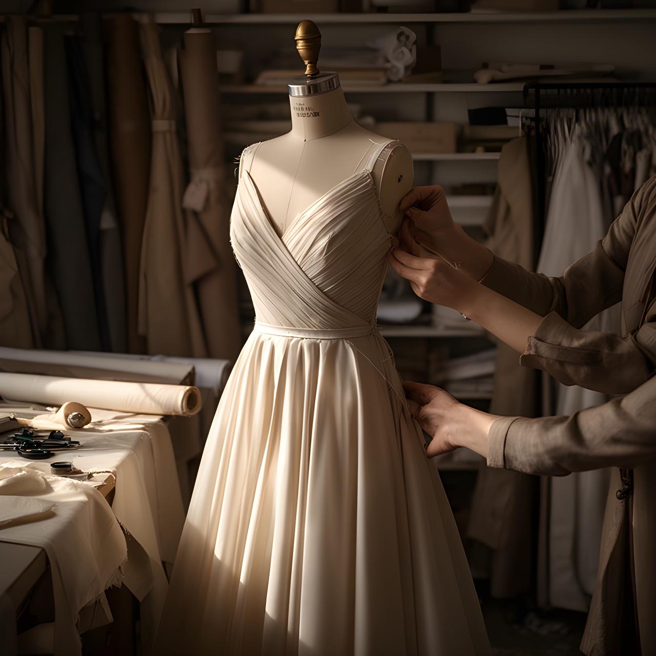 Seamstress adjusting a formal gown on a mannequin in an atelier with fabric rolls