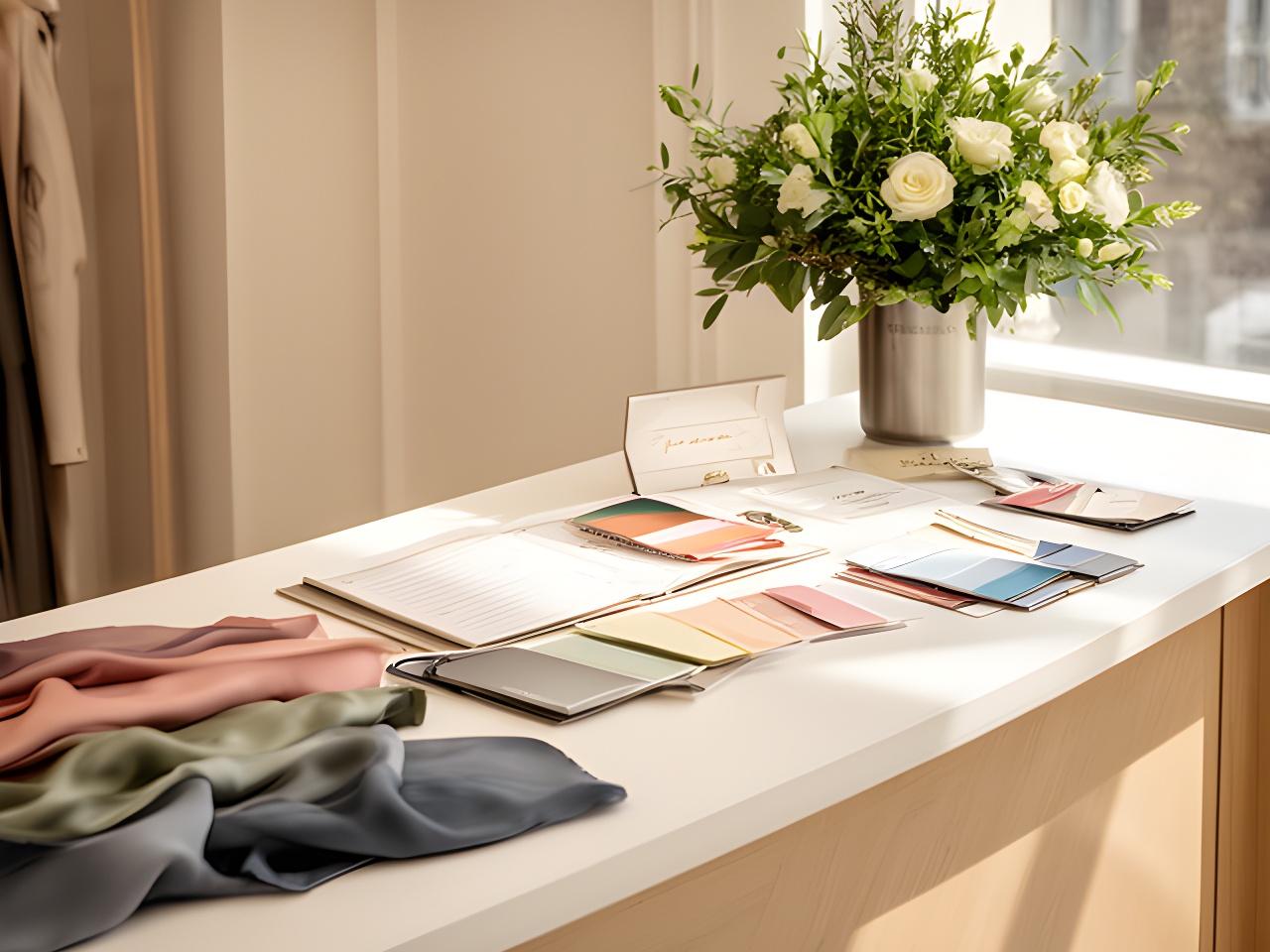 Reception desk in a formal wear studio with appointment diary, fabric swatches, and a bouquet by the window