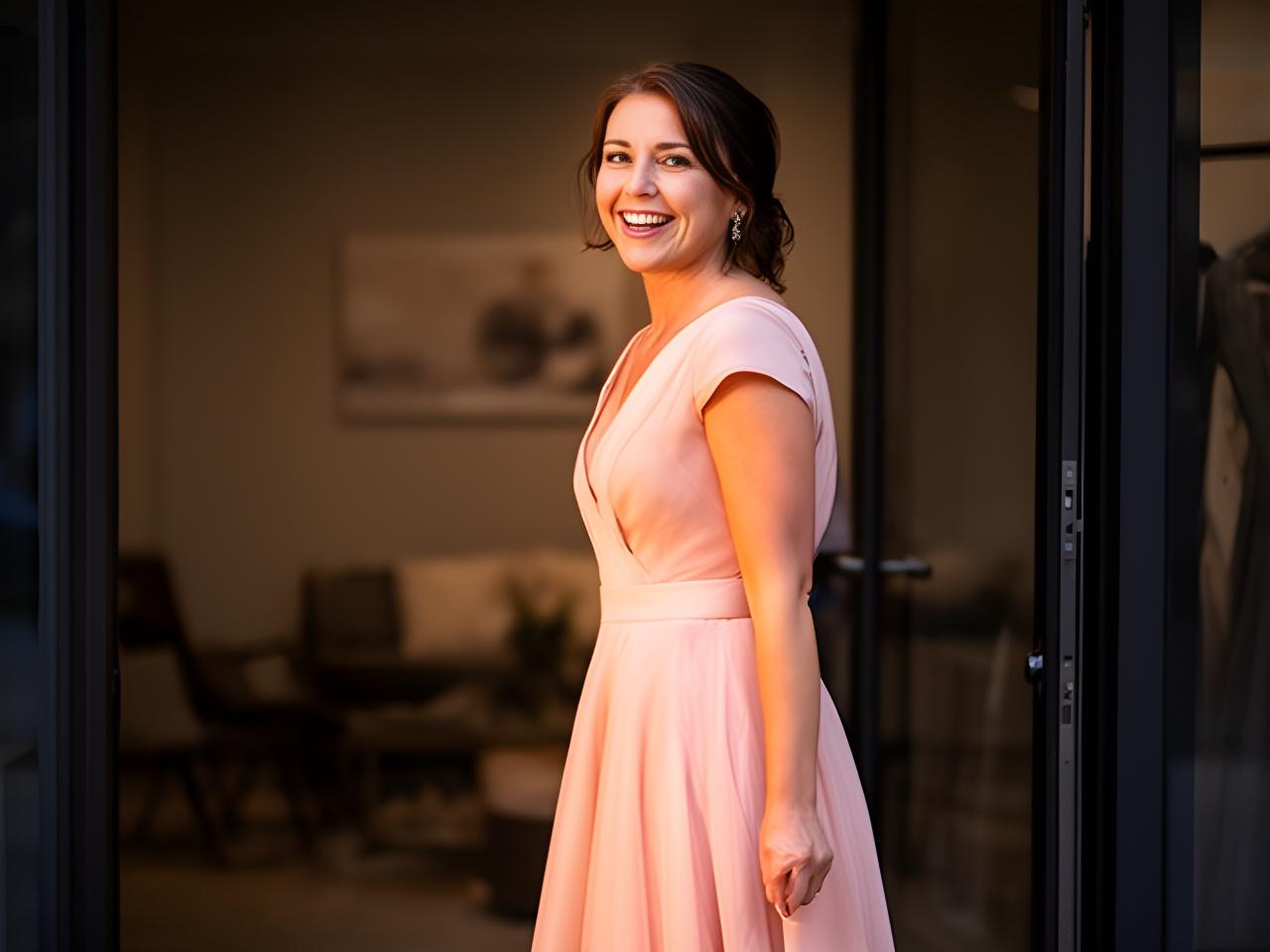 Happy customer in a blush prom dress leaving a formal wear fitting appointment