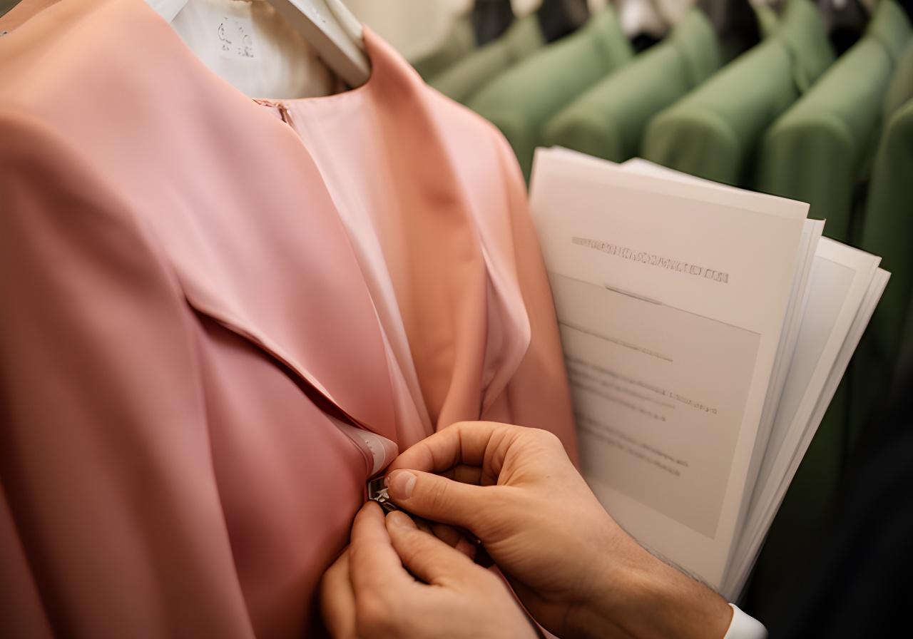 Tailor's hands fastening a formal dress beside garment bags and a neat consultation folder