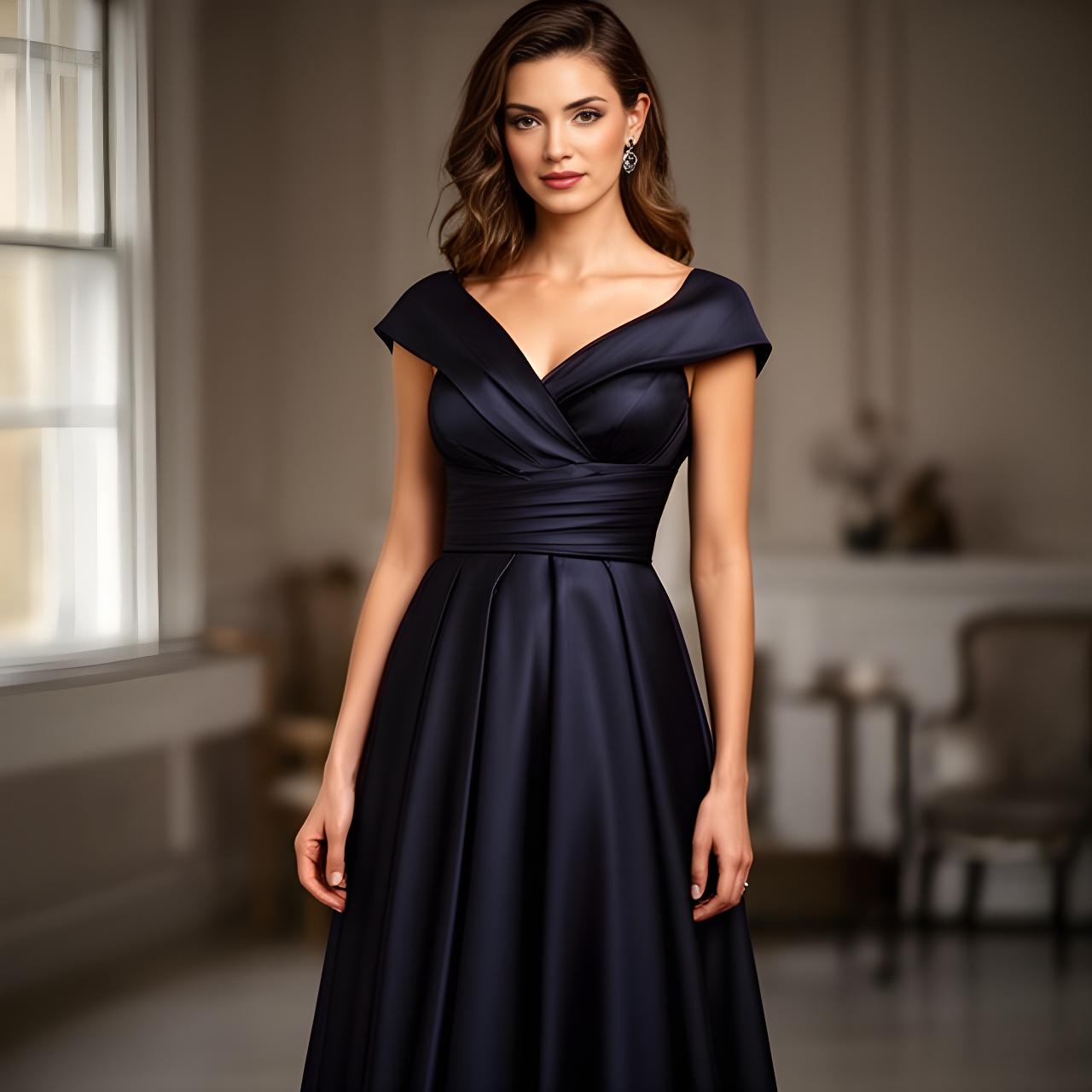 Woman in a midnight evening gown standing in a London studio with soft window light