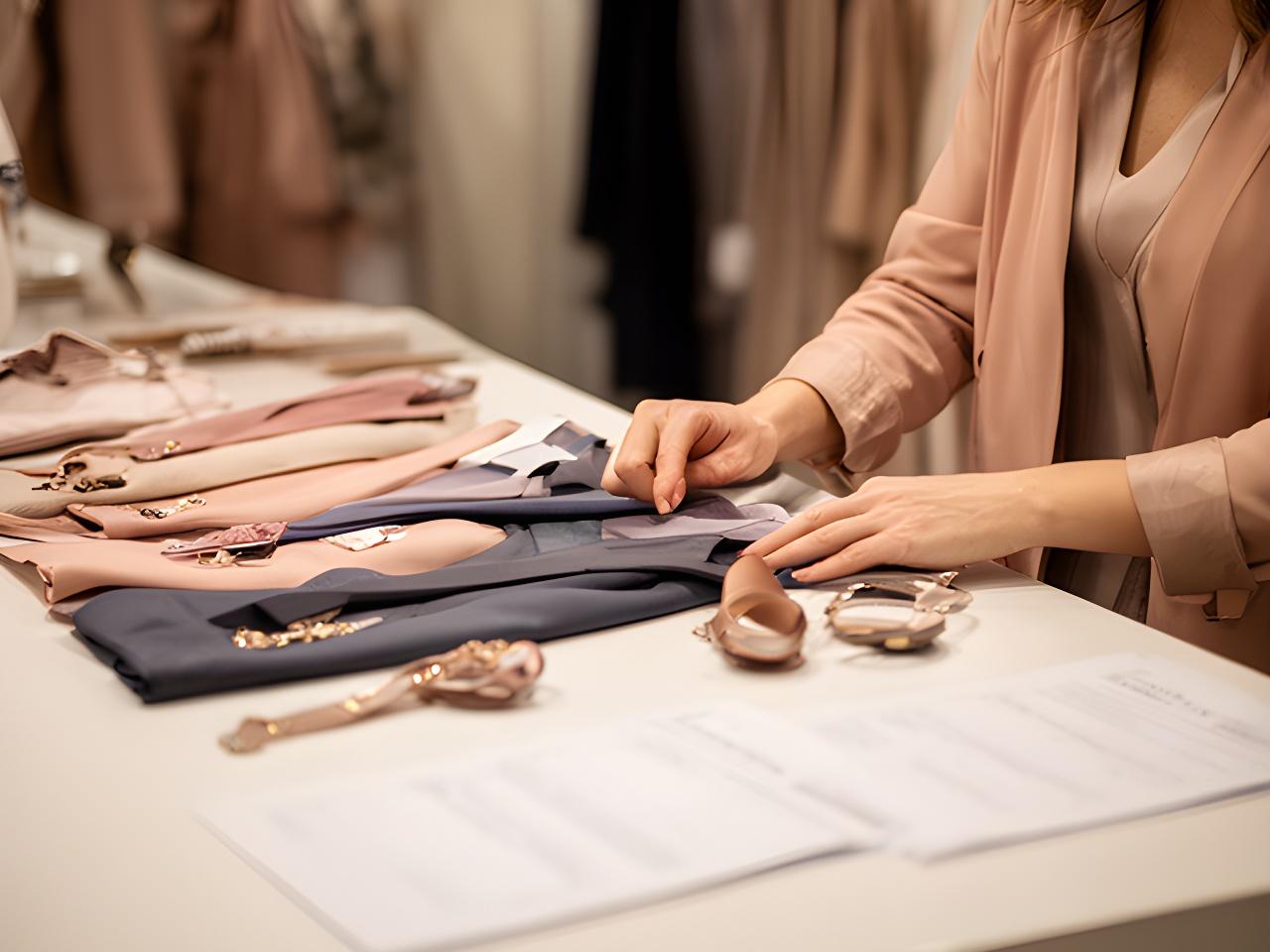 Stylist at a boutique counter preparing notes for a formalwear consultation in London