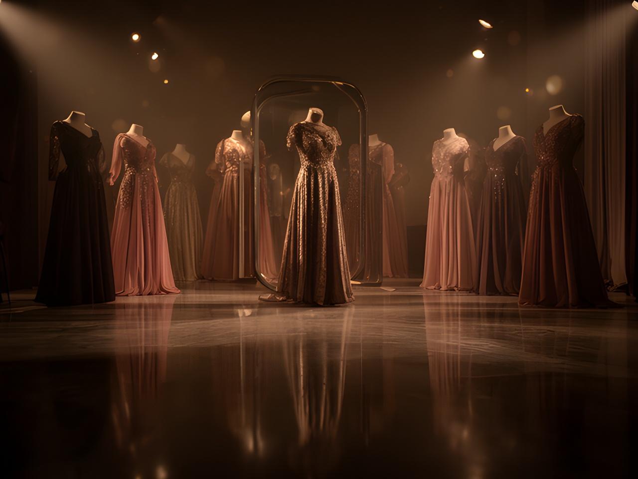 Elegant evening dresses displayed in a dim warm studio with soft reflections and a polished floor