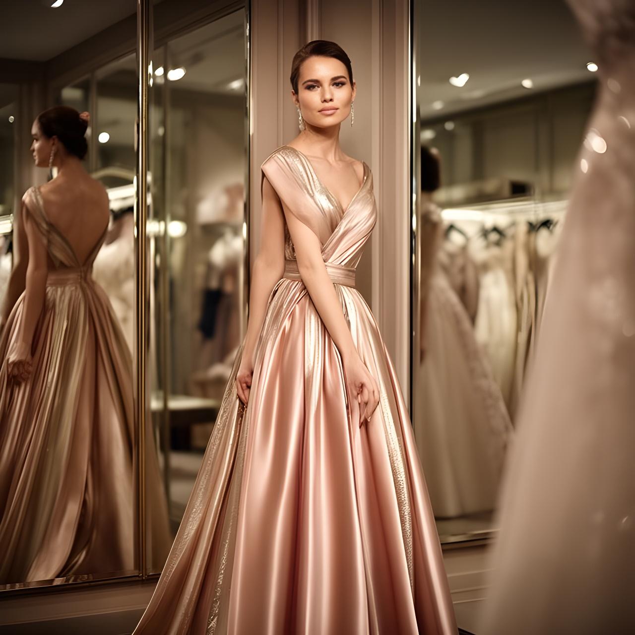 Model in a champagne evening gown standing beside a mirrored fitting room in London