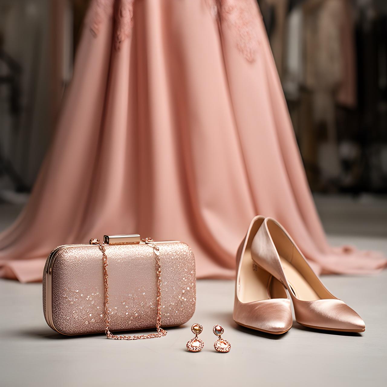 A styled evening clutch, earrings and satin heels arranged beside a formal gown in a London studio