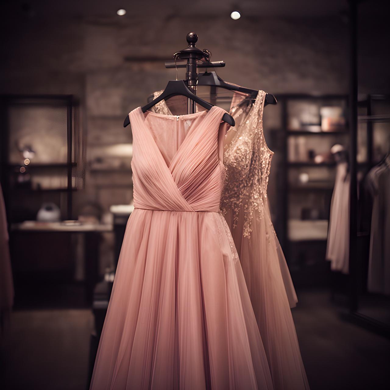 Evening gown on a London fitting rail inside a softly lit boutique