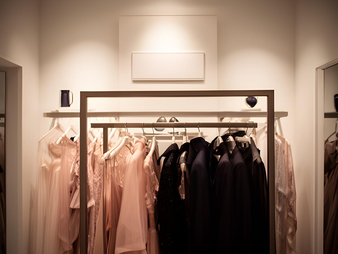 Boutique formalwear rack with soft lighting and a neat display wall
