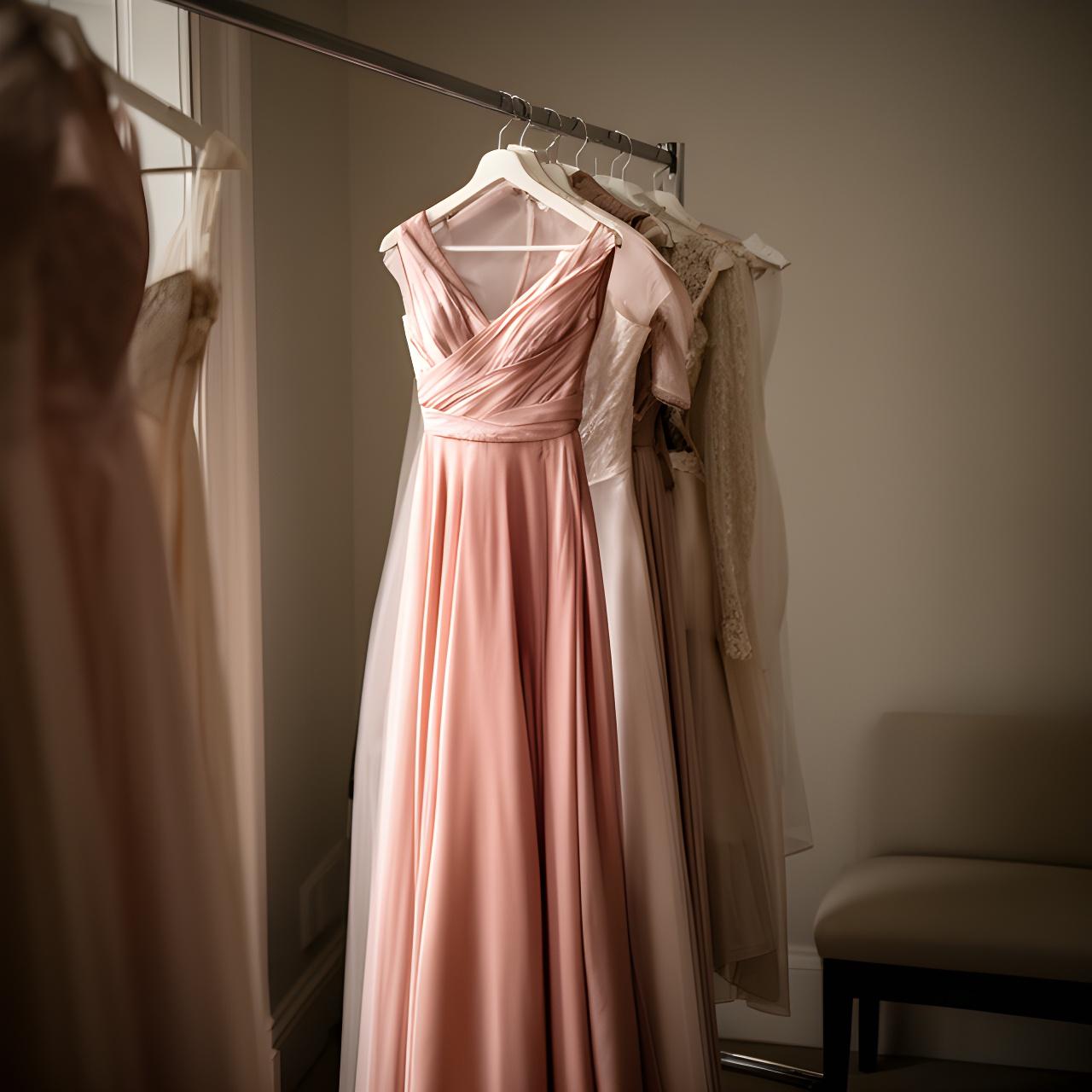 Evening dress on a rail in a London fitting room with soft light and pale fabric textures