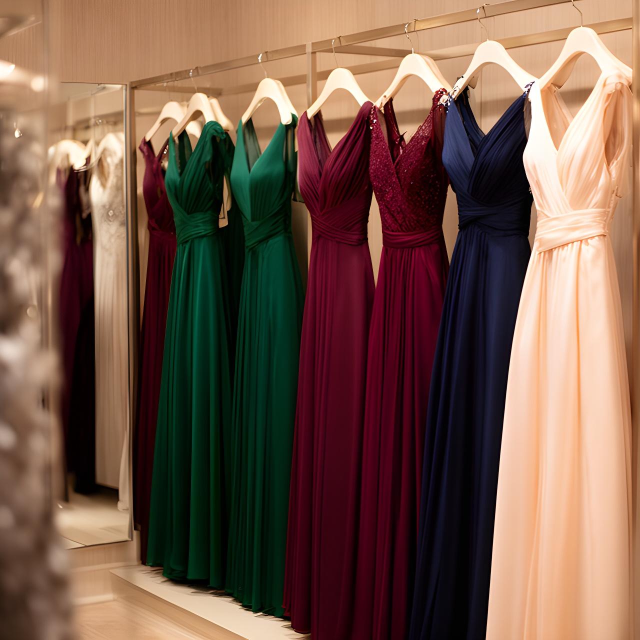 Row of evening dresses in jewel tones and pale satin inside a formalwear boutique in London
