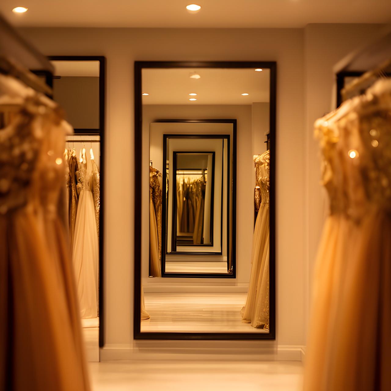 Evening dress boutique interior with a mirrored fitting area and warm lights