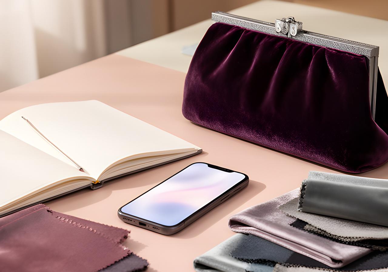 Consultation desk with a notebook, fabric samples, and a phone beside a velvet evening bag