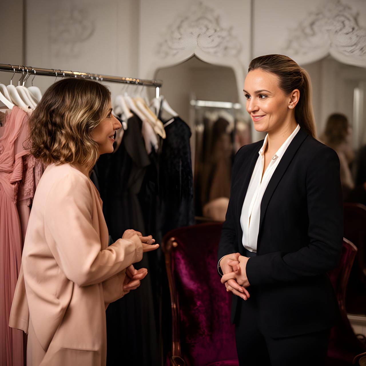 Two fashion consultants speaking with a client beside a velvet chair and dress rail in a private studio