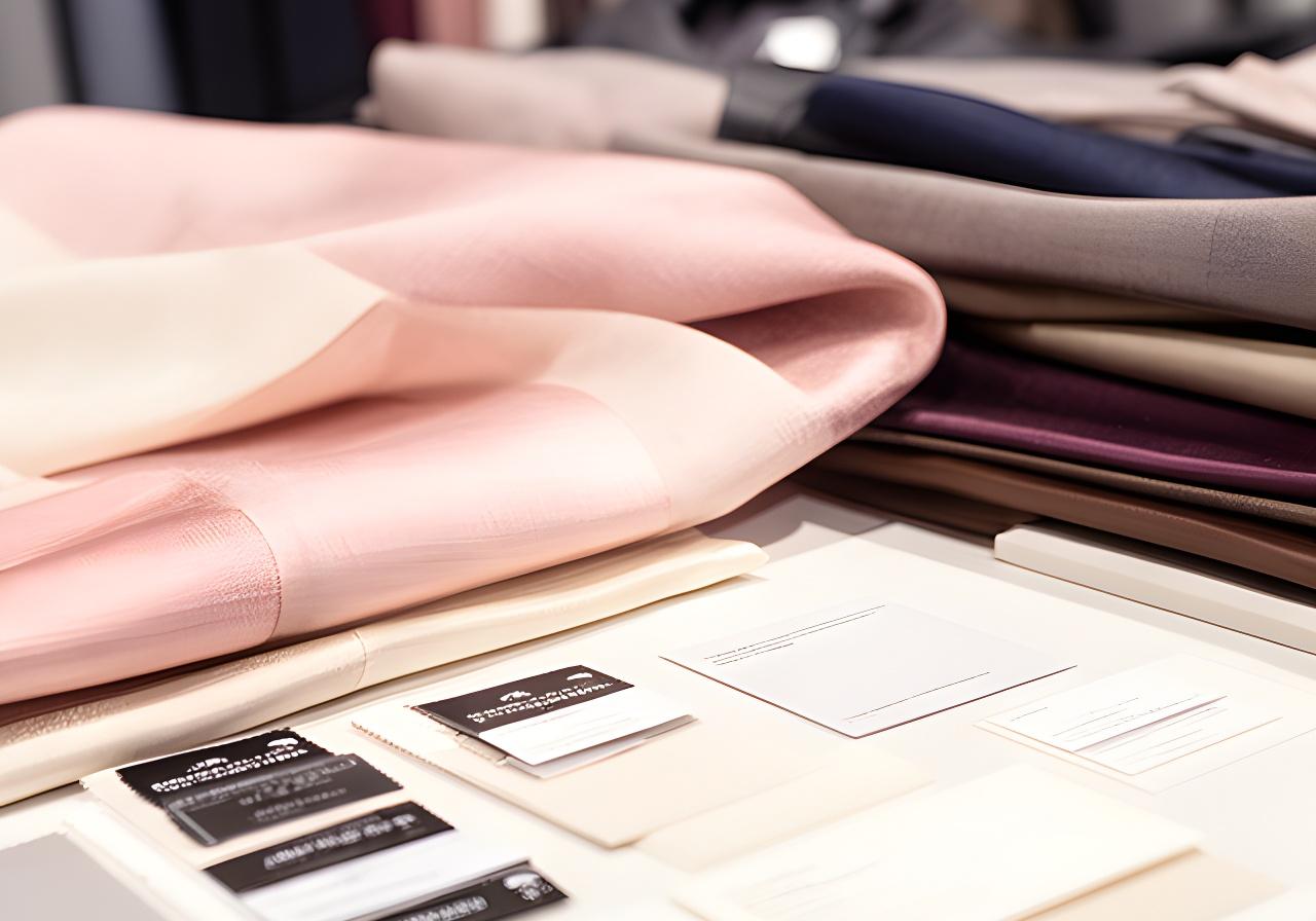 Close-up of formal wear labels, fabric swatches, and appointment notes on a showroom desk