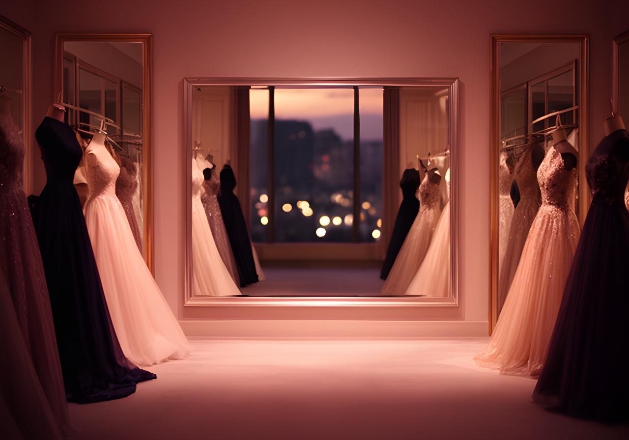 Elegant formal wear showroom at dusk with dresses, mirrors, and warm lighting in London