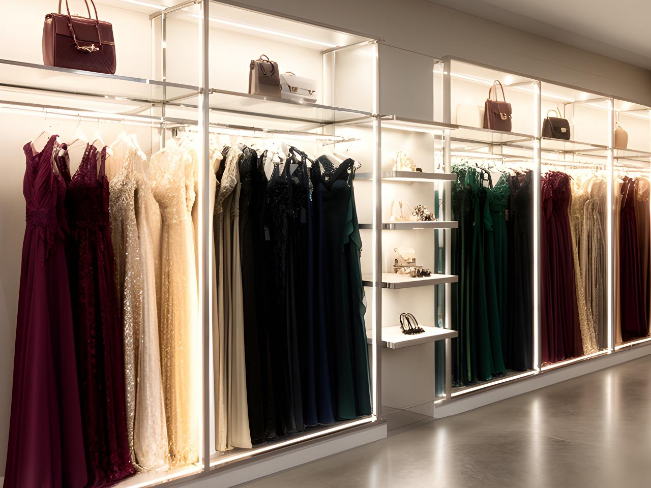 Evening dresses and accessories displayed on illuminated rails inside a formal wear boutique