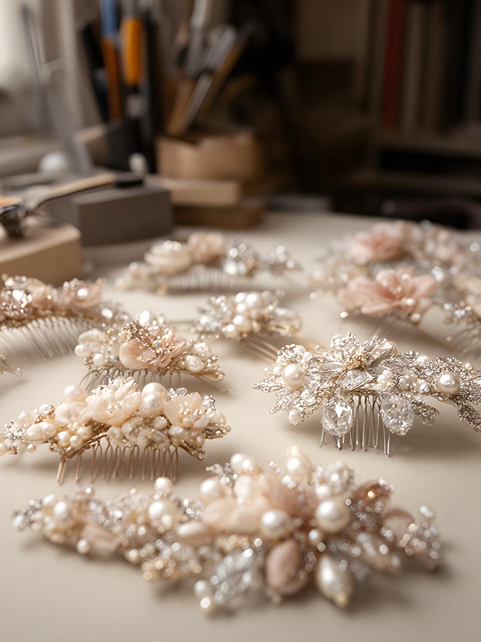 A close view of handcrafted formal jewellery and hair accessories displayed in a London atelier