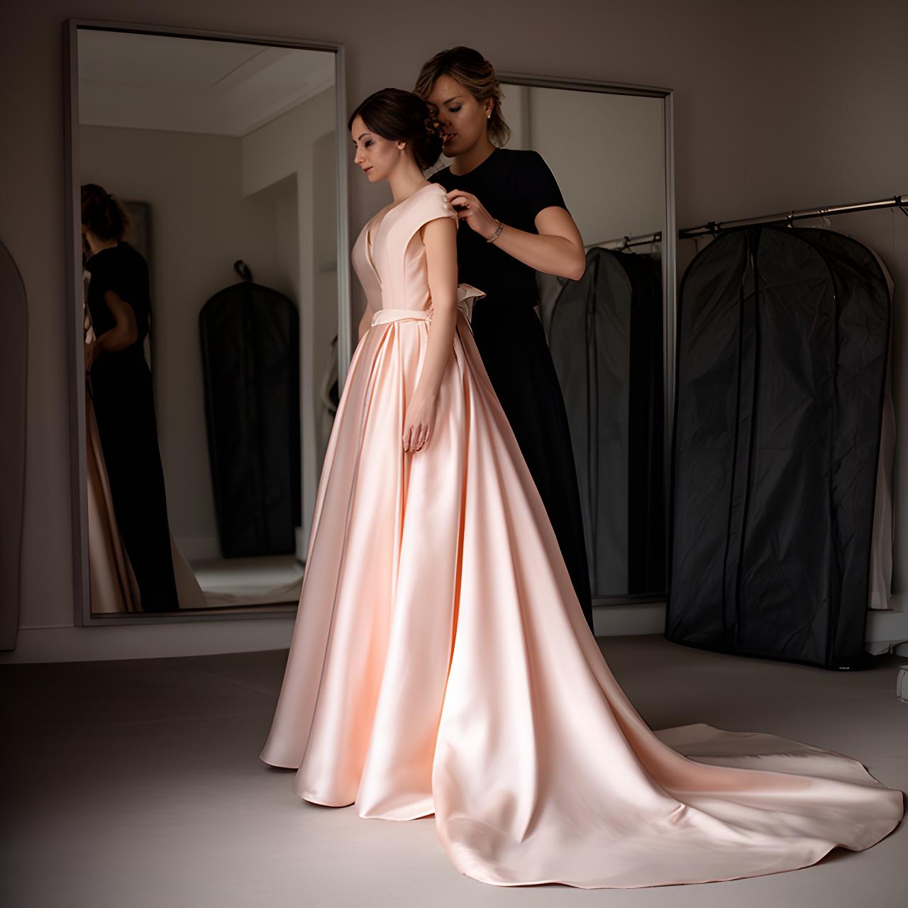 Stylist adjusting an evening gown in a calm London fitting room with mirrors and garment bags