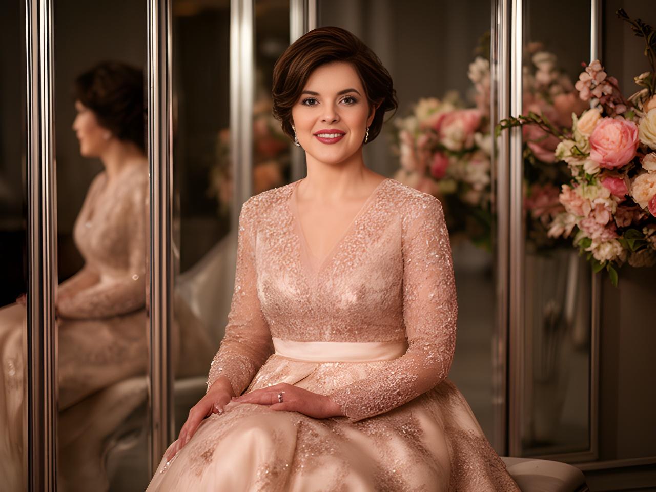 Elegant client seated in a fitted mother-of-the-bride outfit beside a mirrored wall and soft floral display