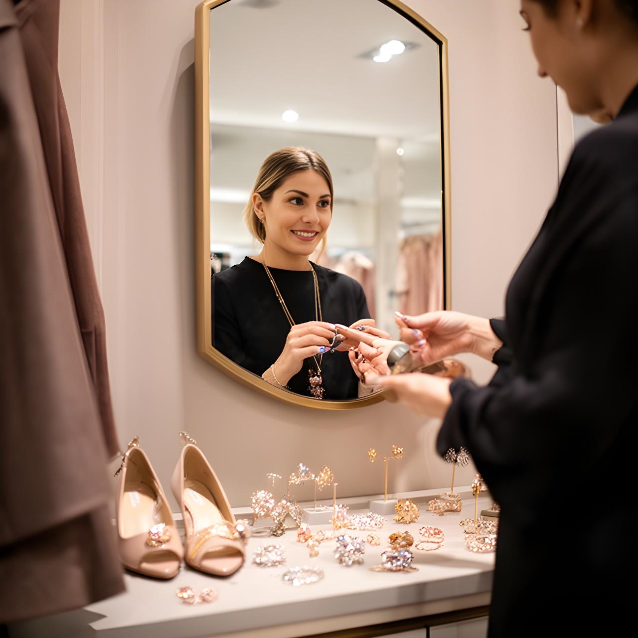 Stylist helping a client choose jewellery and shoes beside a fitting mirror in London