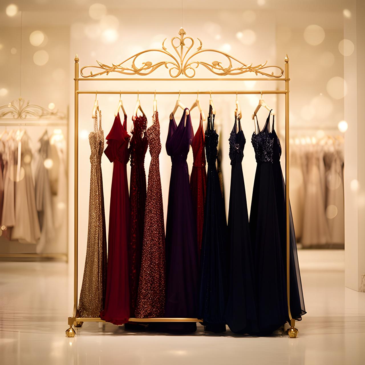 Evening gowns on a gold rail in a softly lit London showroom
