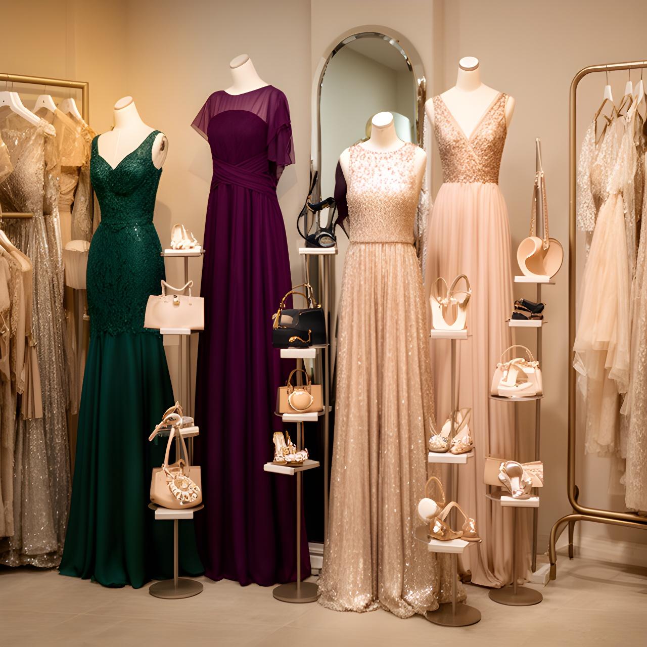 Display of formal dresses and accessories arranged in a London boutique with warm lighting