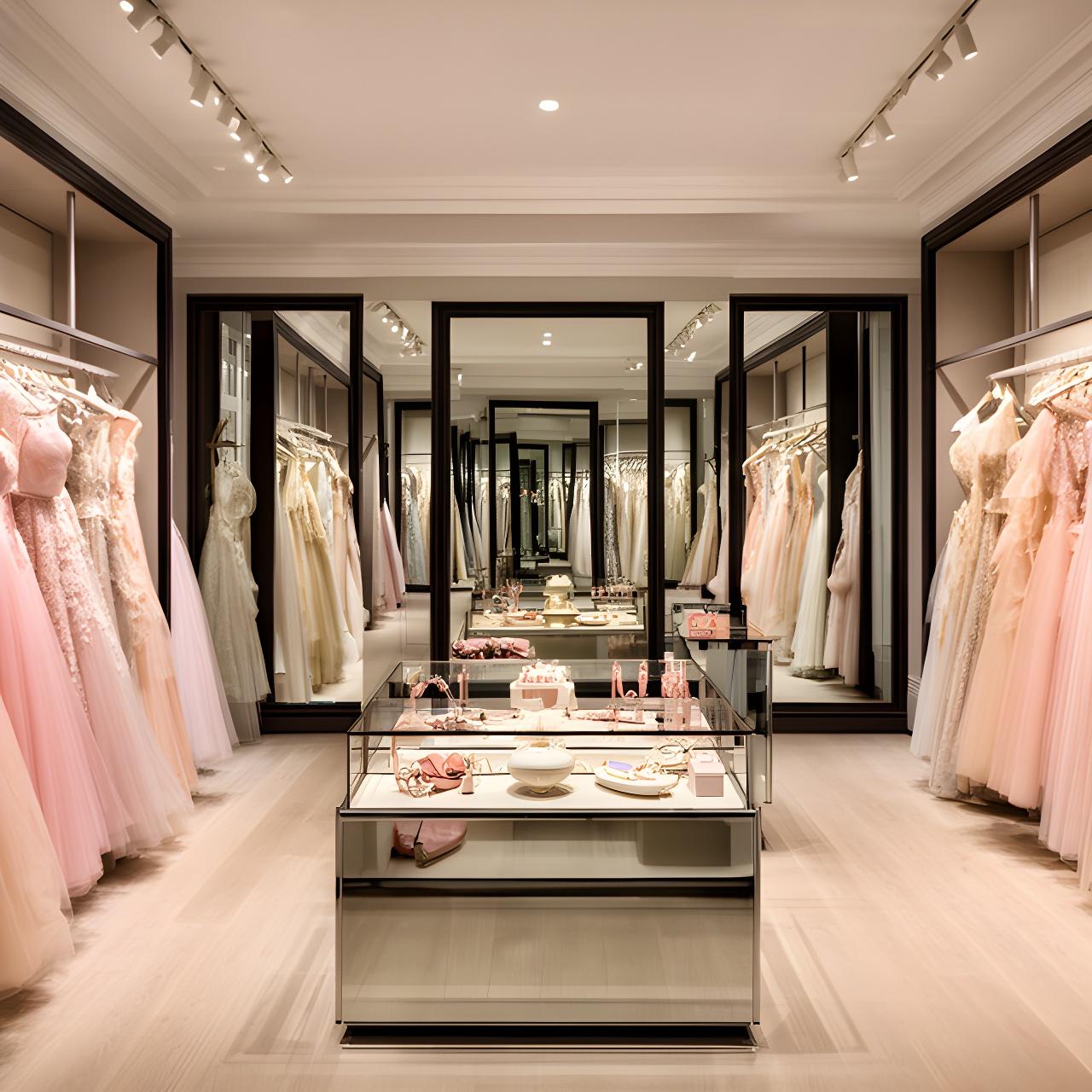 Wide view of a formal wear studio with dresses, mirrors, and accessory displays in London