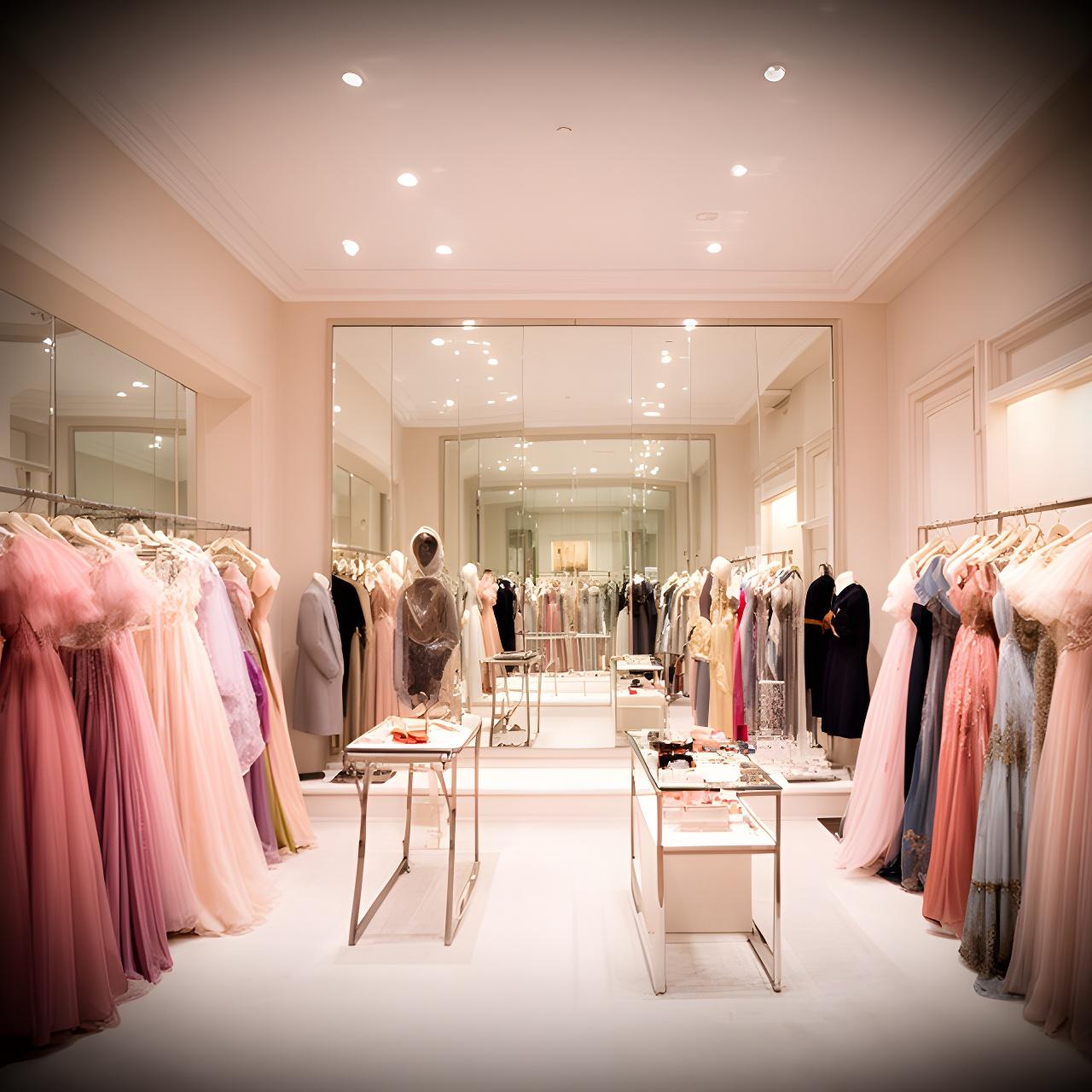 Wide view of a formal wear showroom in London with dresses, mirrors, and accessory displays