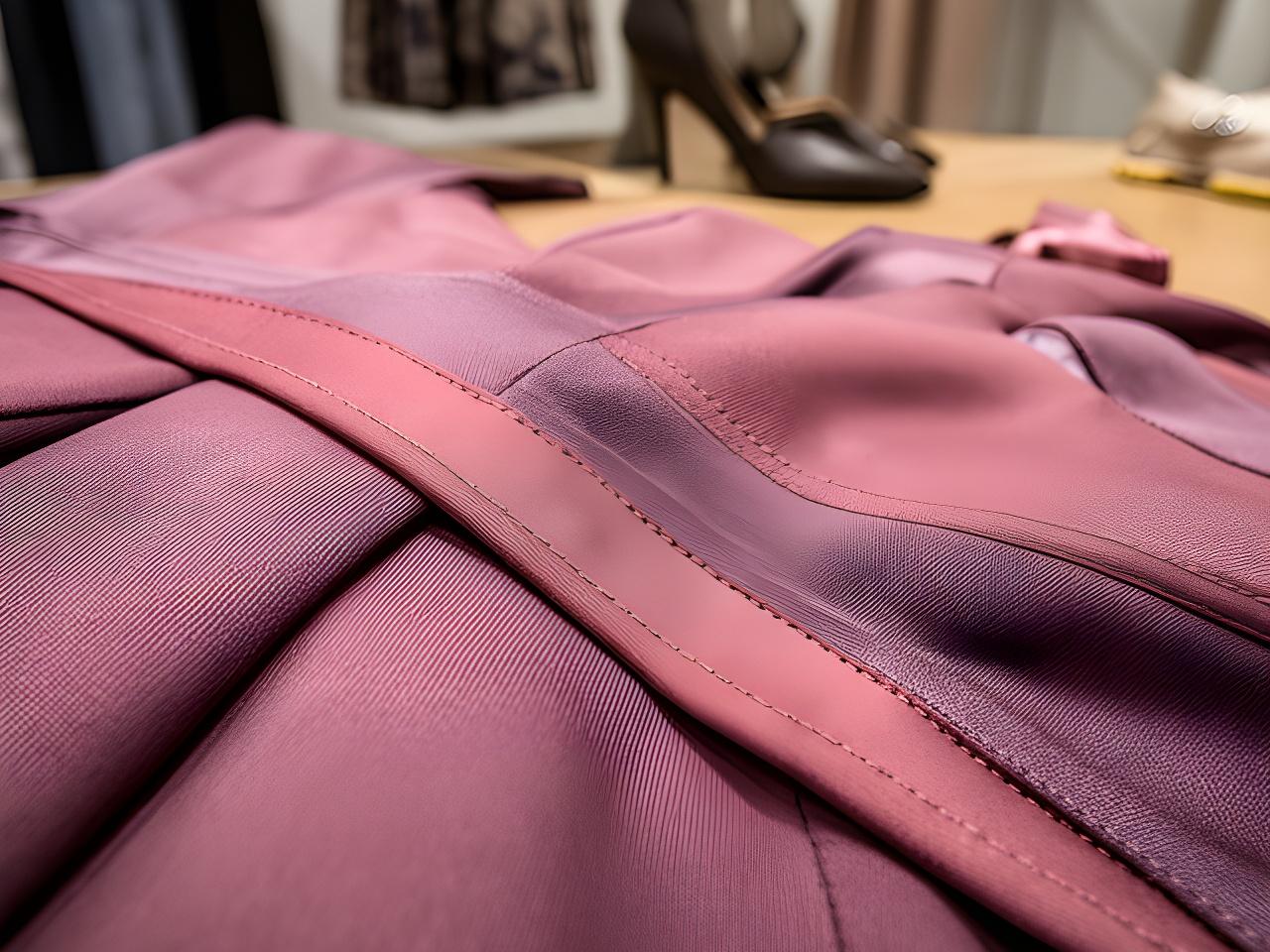 Close-up of formal dress fabric and finishing details on a boutique display table