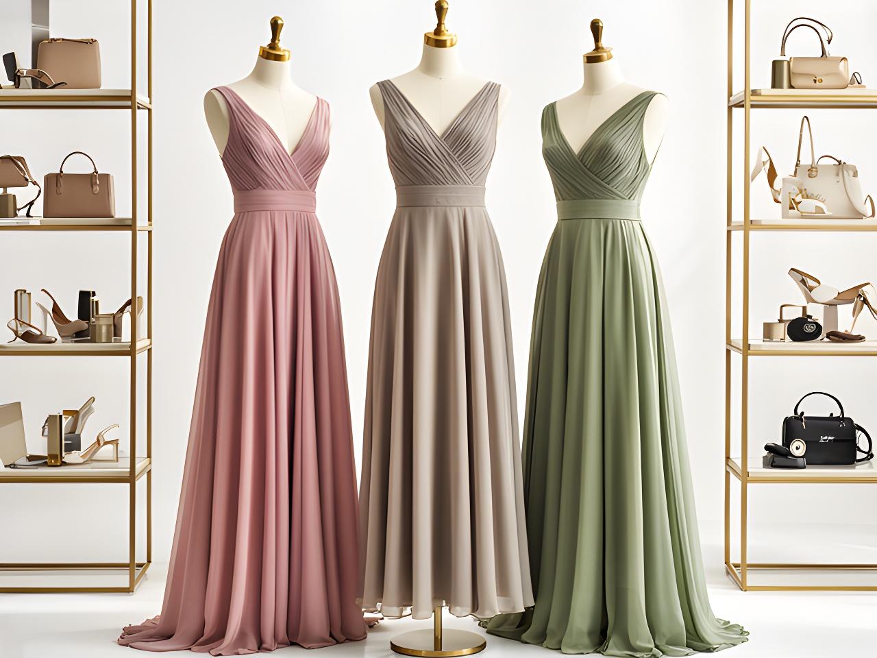 Three formal dresses displayed on mannequins inside a bright London studio with accessories on nearby shelves