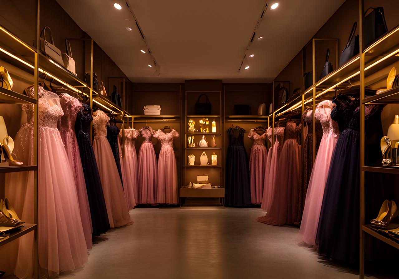 Wide boutique display of formal dresses and accessory shelves under warm evening lighting