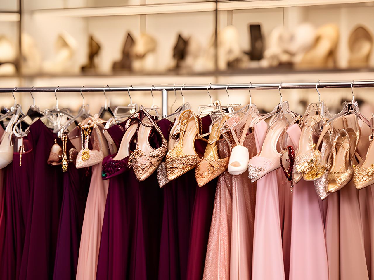 Consultant arranging gowns, shoes, and jewellery on a rail inside a formal wear studio