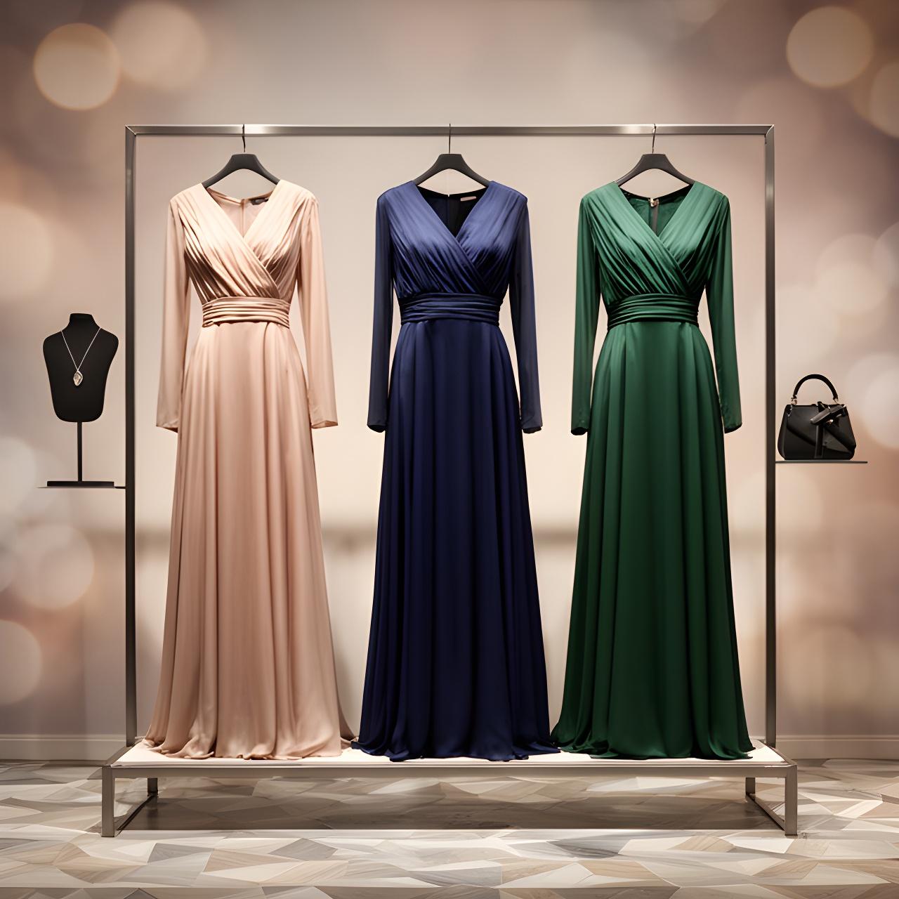 Three elegant formal dresses displayed on rails inside a softly lit London boutique