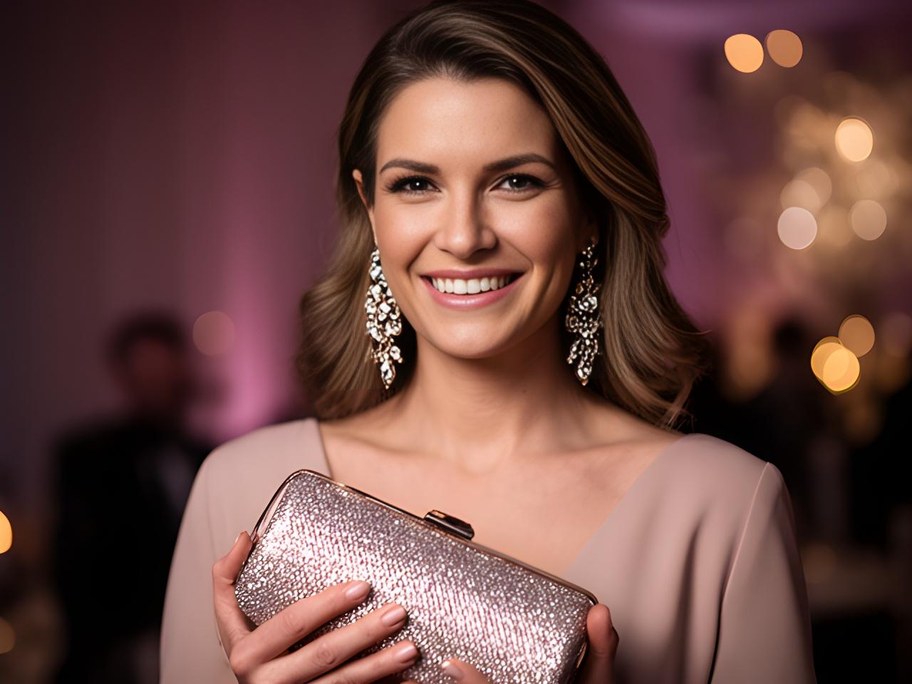 A smiling woman holding a clutch and wearing statement earrings at an evening event in London